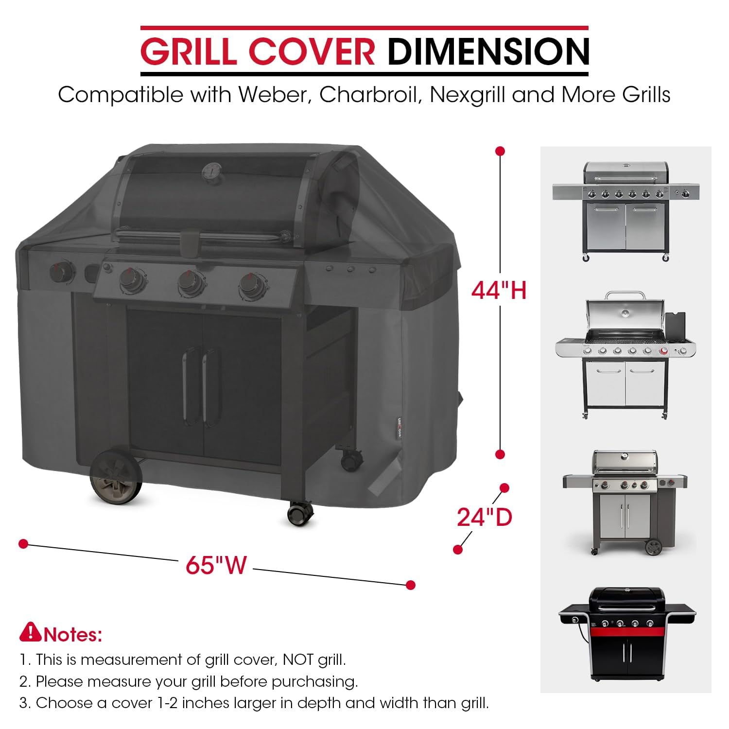 Unicook 65-inch dimension guide indicating fit range for 57–63 inches.