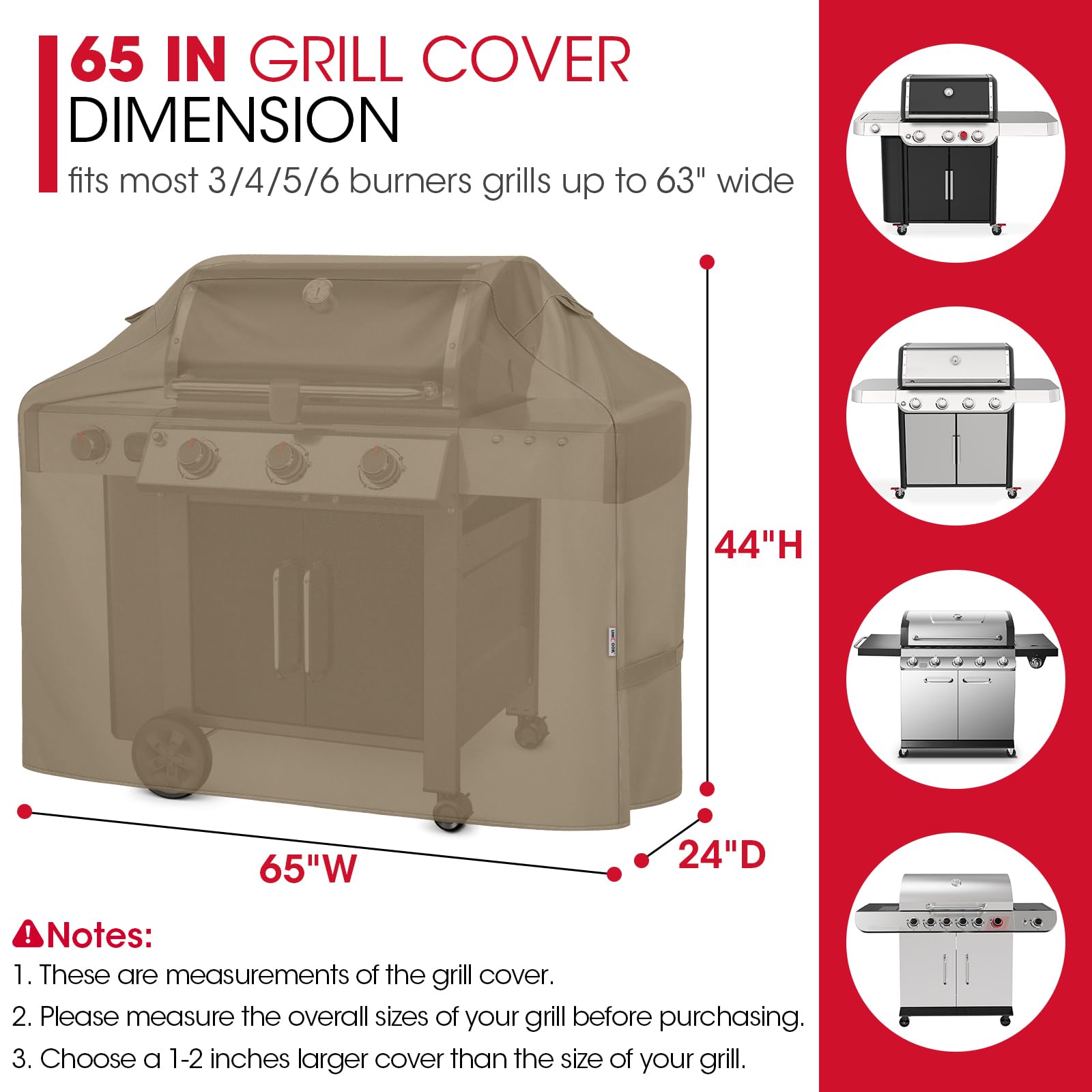 65 inch Unicook grill cover shows dimensions for grills 59 to 63 inches wide.
