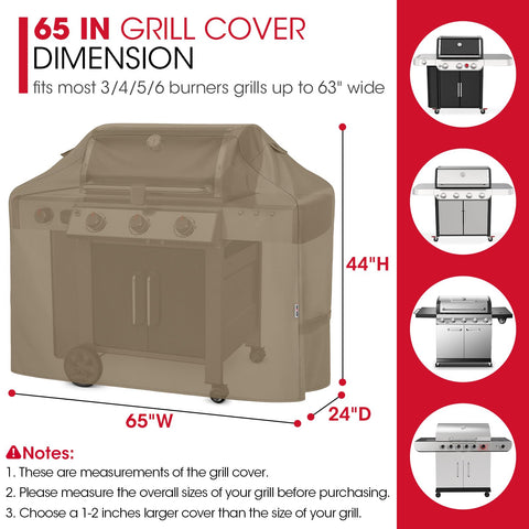 65 inch Unicook grill cover shows dimensions for grills 59 to 63 inches wide.