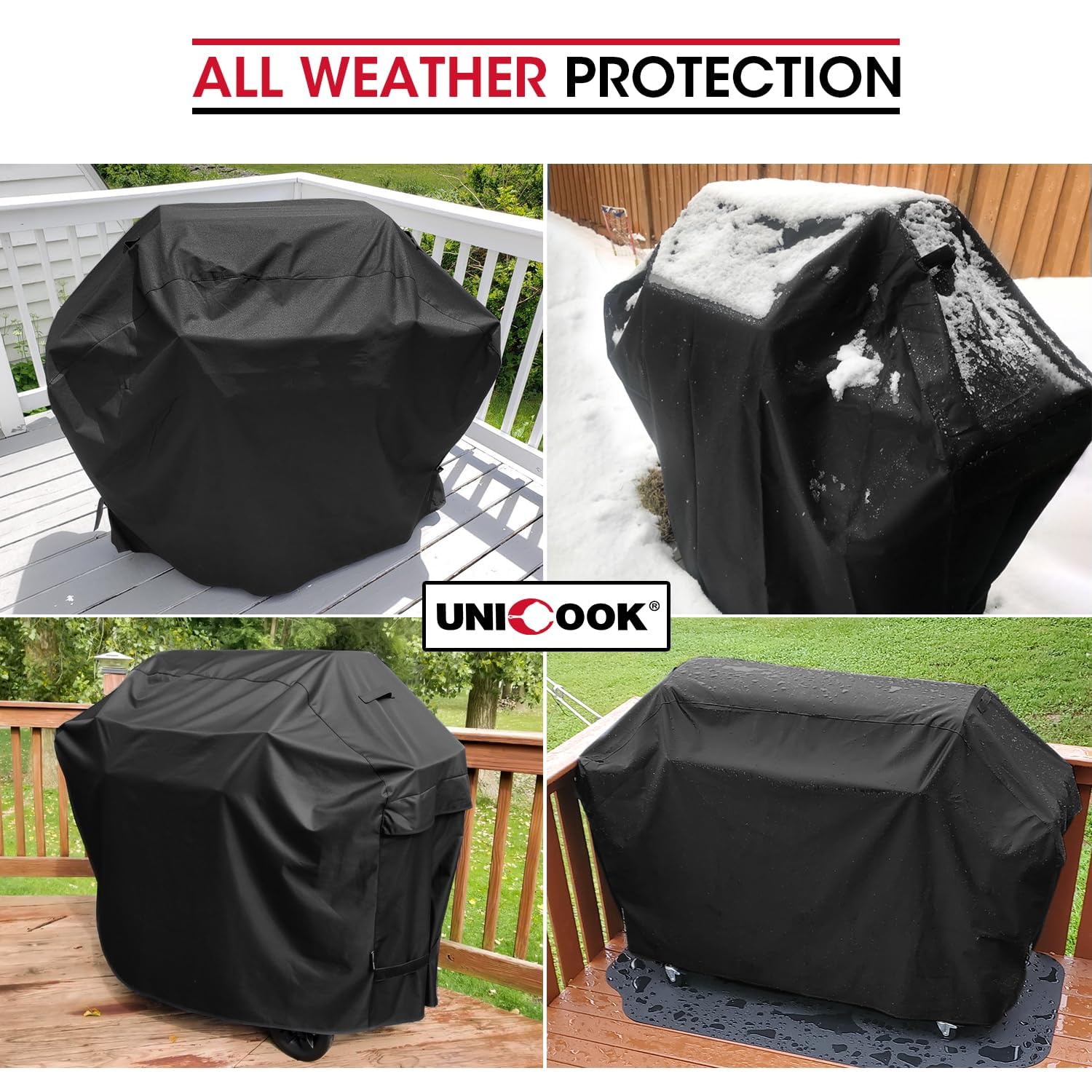 Unicook 65-inch grill cover side view illustrating comprehensive coverage.