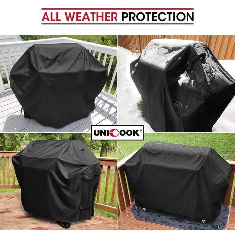 Unicook 65-inch grill cover side view illustrating comprehensive coverage.