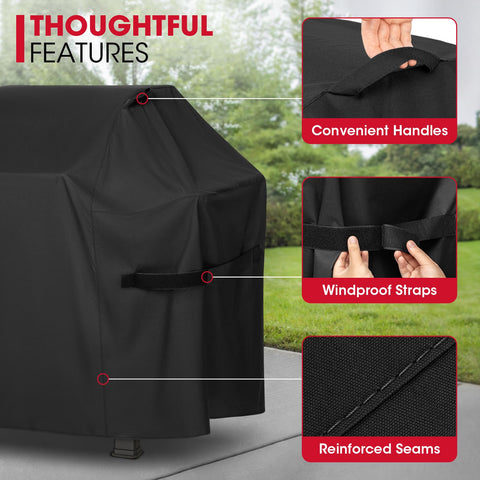 Adjustable straps secure the cover in windy conditions.