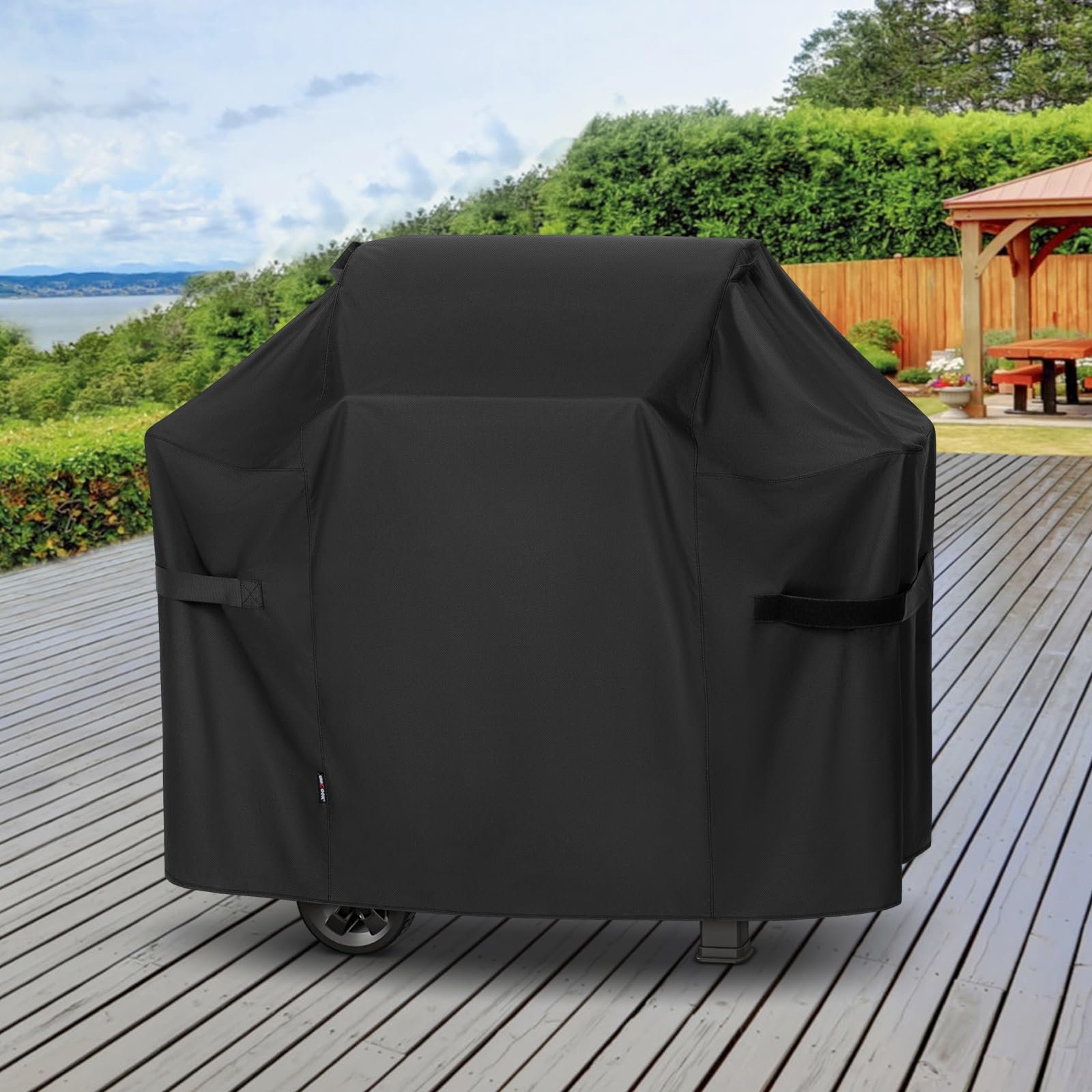 All-weather Unicook grill cover shields against weather and debris.