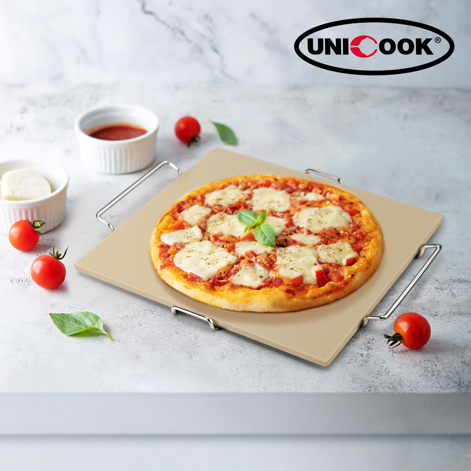 Unicook dough scraper included with carry rack enhances prep.