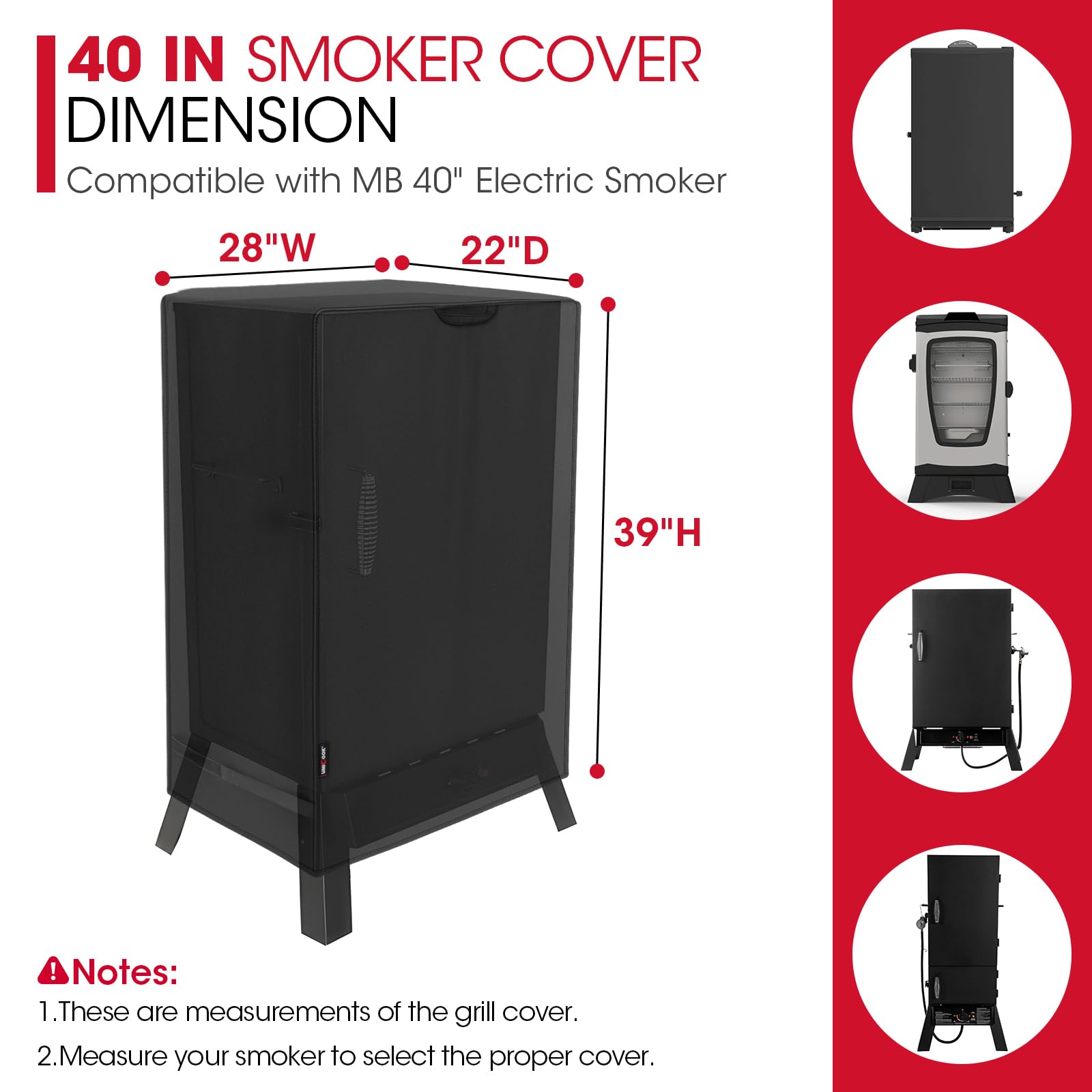 Unicook electric smoker cover side view shows all-weather protection.