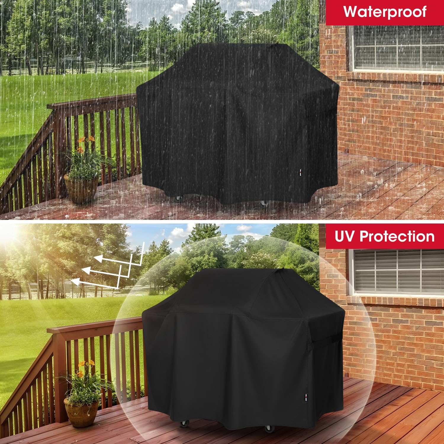 Unicook grill cover with straps secures Weber Genesis 300 against wind.