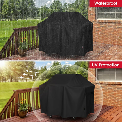 Unicook grill cover with straps secures Weber Genesis 300 against wind.