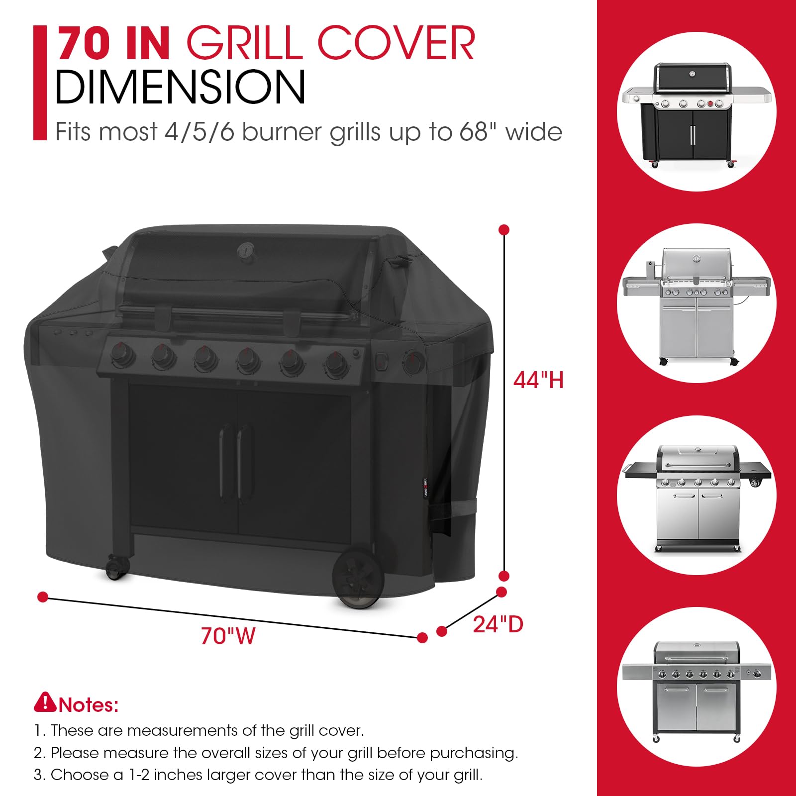 Unicook 70-inch grill cover side view shows secure fit with adjustable straps for wind resistance.