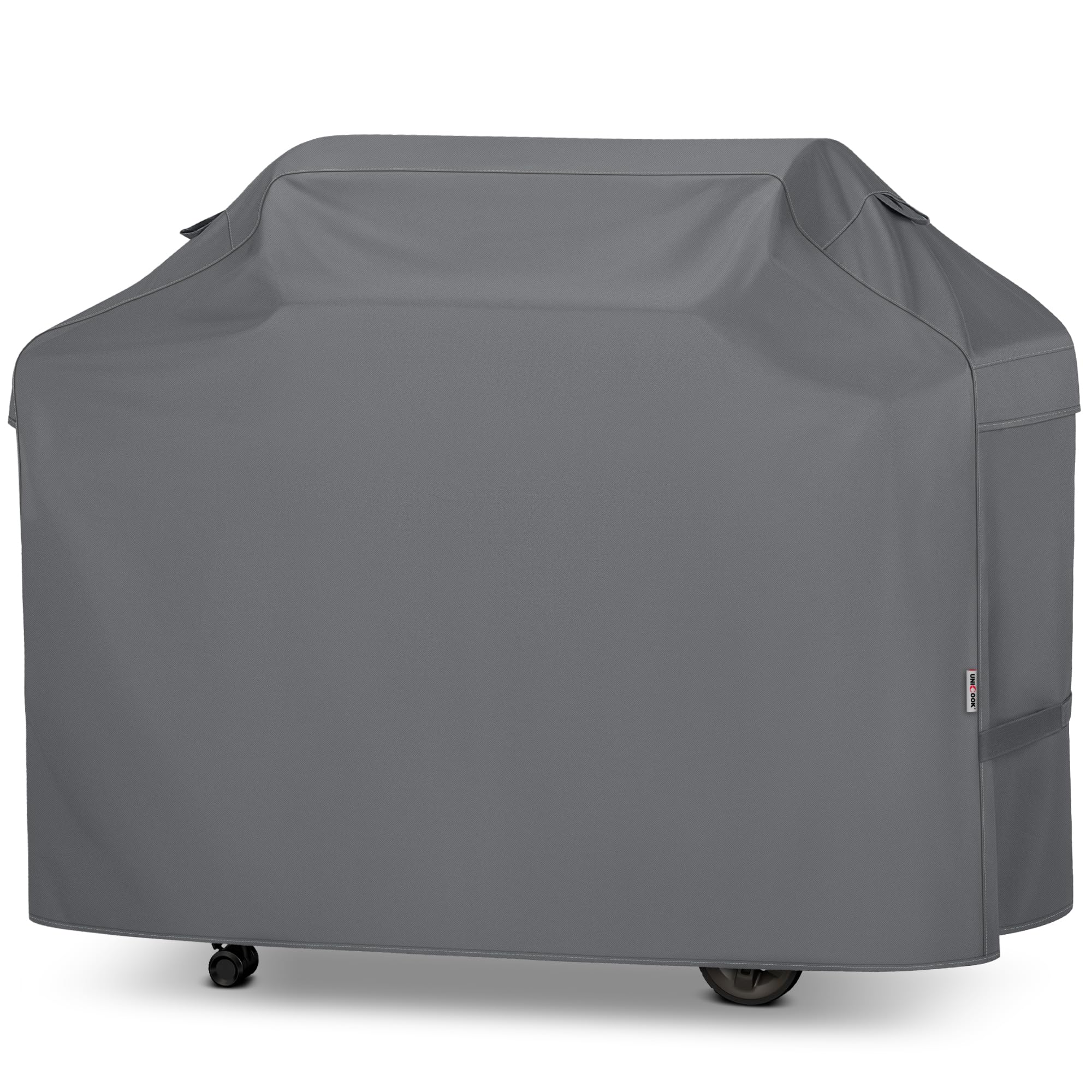 Unicook 75-inch grill cover on a large outdoor grill protecting from sun and rain.