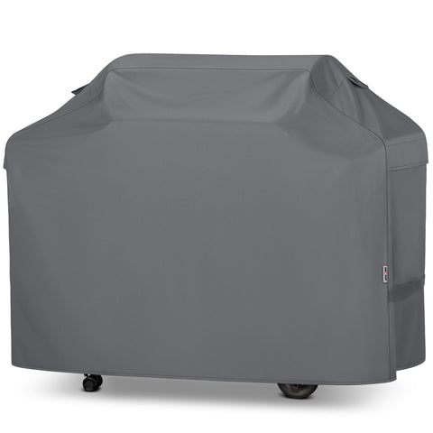 Unicook 75-inch grill cover on a large outdoor grill protecting from sun and rain.