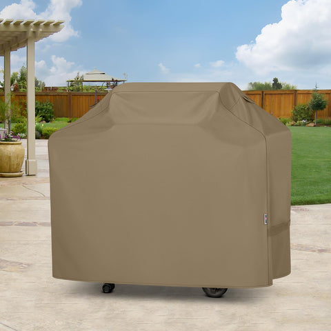 Unicook grill cover taupe color blends with outdoor décor while concealing debris.