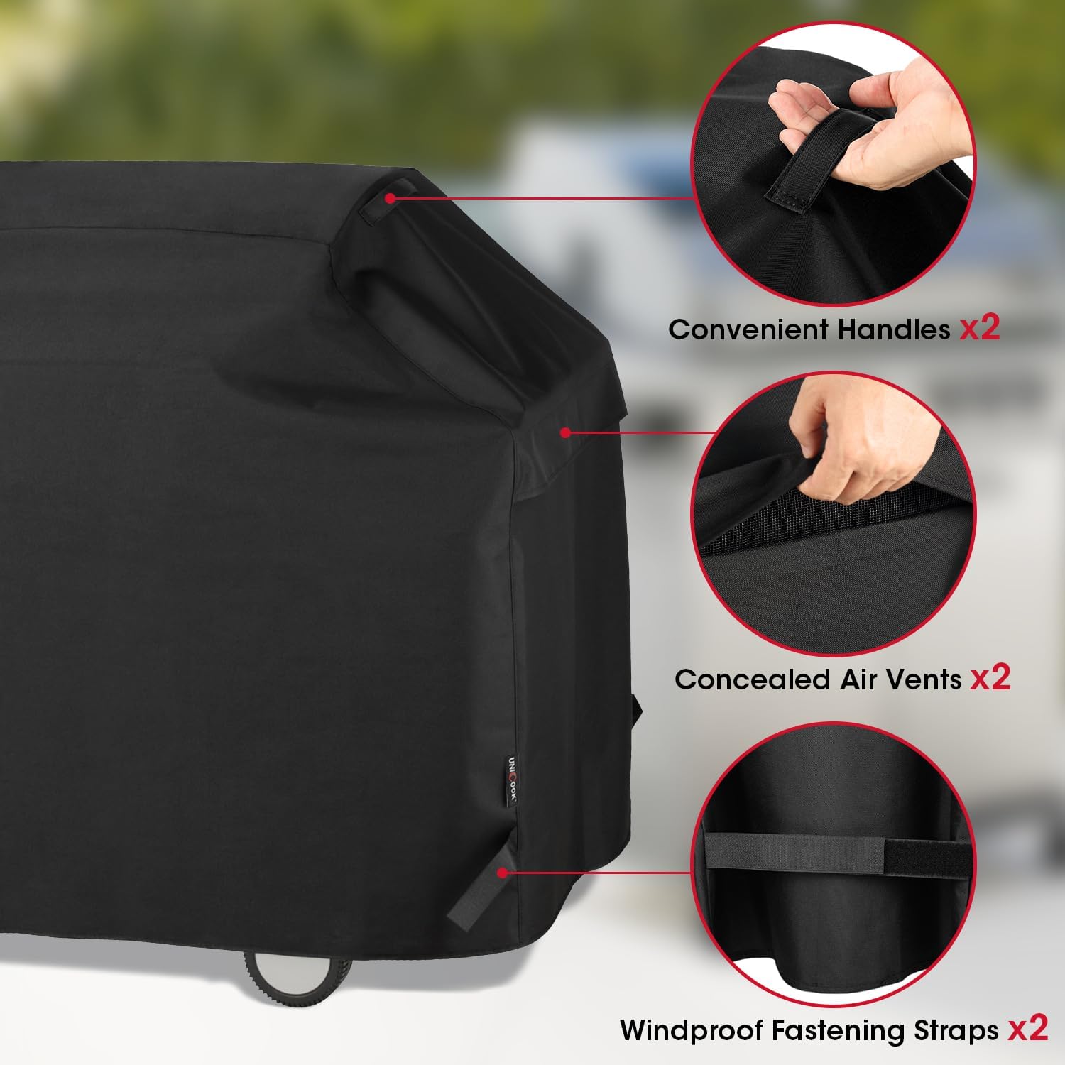 Unicook grill cover handles closeup for easy fitting and removal.