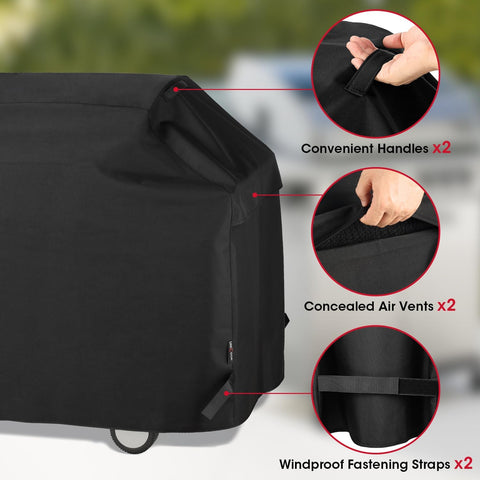 Unicook grill cover handles closeup for easy fitting and removal.