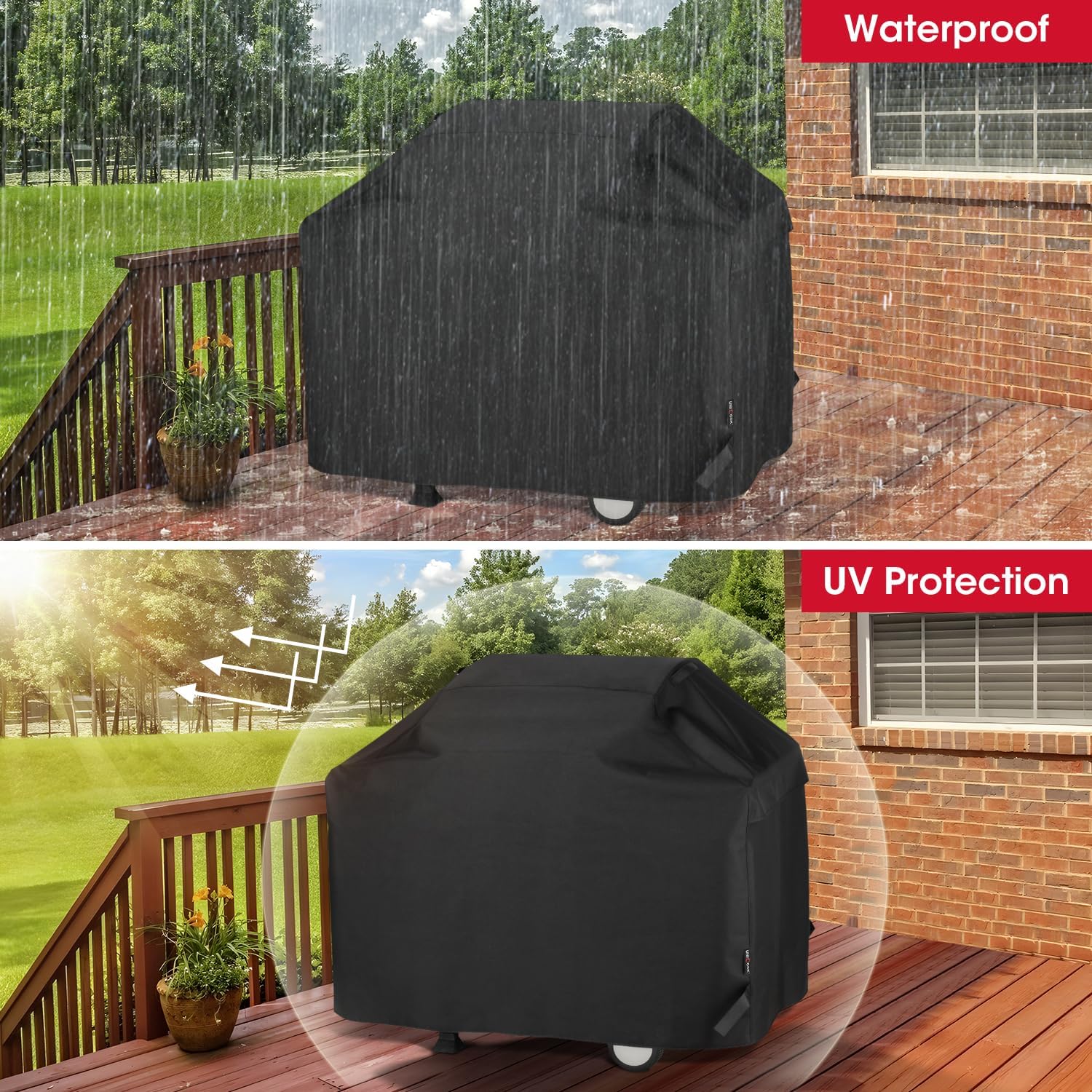 Unicook grill cover ready for hanging storage after use.