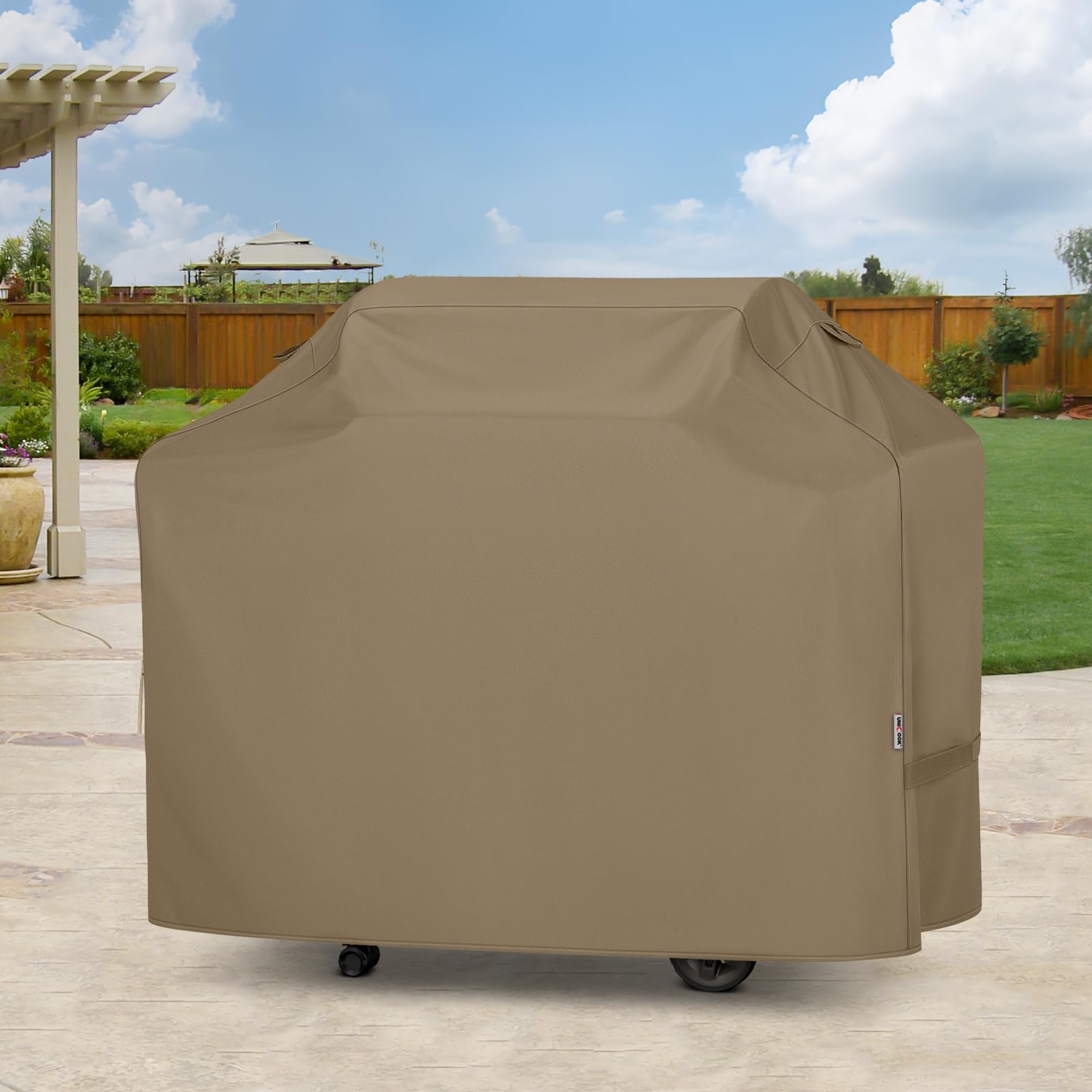 Storage friendly Unicook 65 inch grill cover with hanging straps.