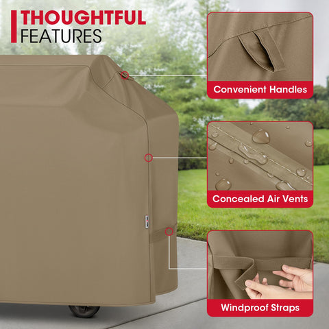 Unicook grill cover sealed seams demonstrate waterproof protection against rain and snow.