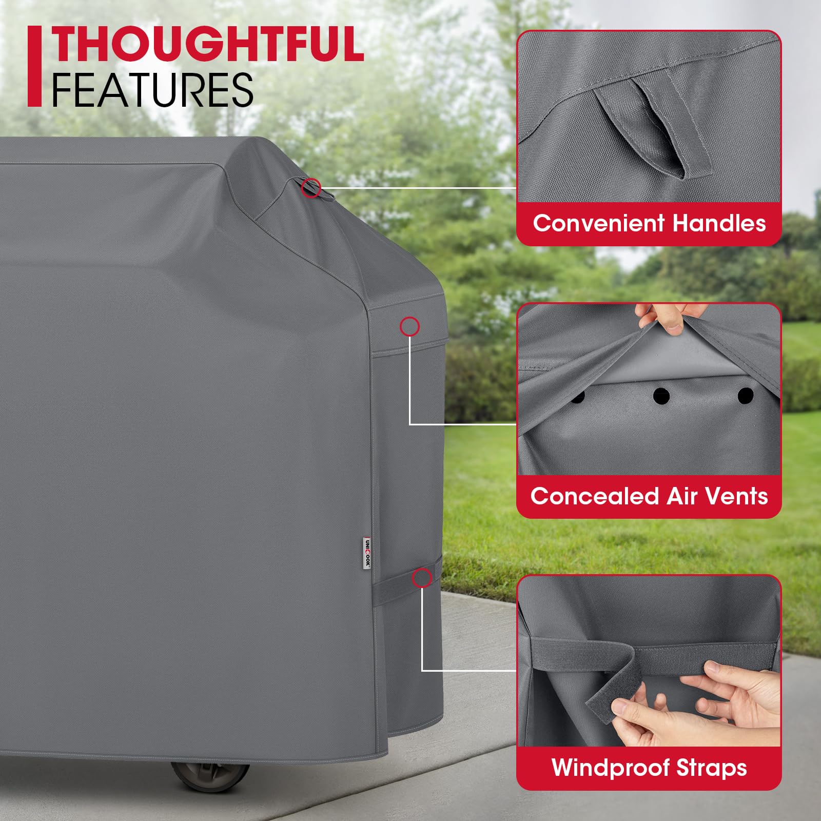 Top handles on the Unicook cover for easy on/off installation