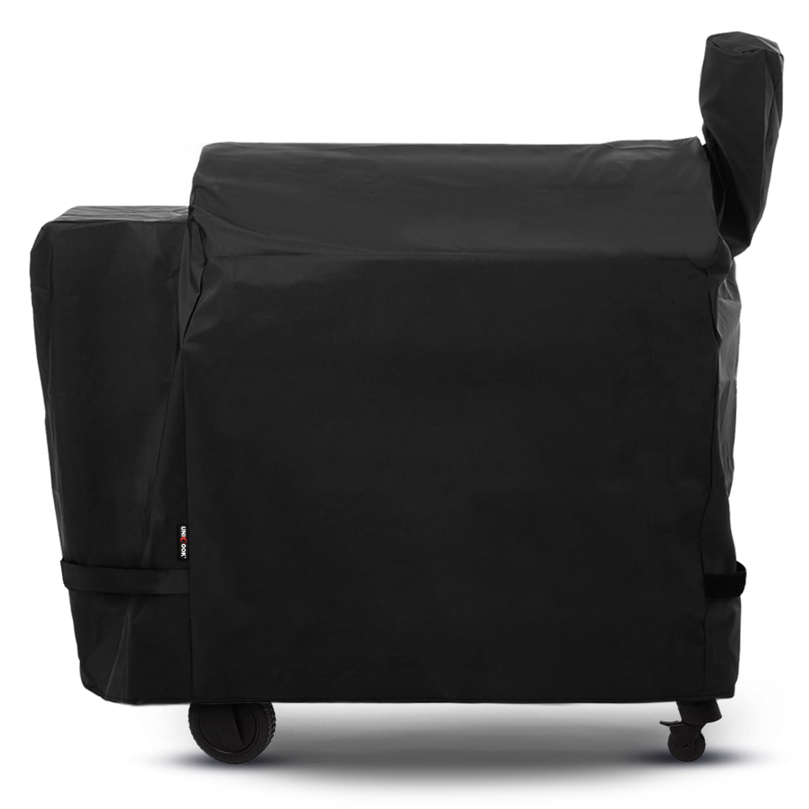 Unicook grill cover on Traeger Pro 34, protecting a pellet grill from rain and sun.