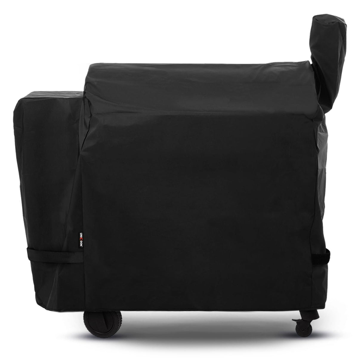 Unicook grill cover on Traeger Pro 34, protecting a pellet grill from rain and sun.