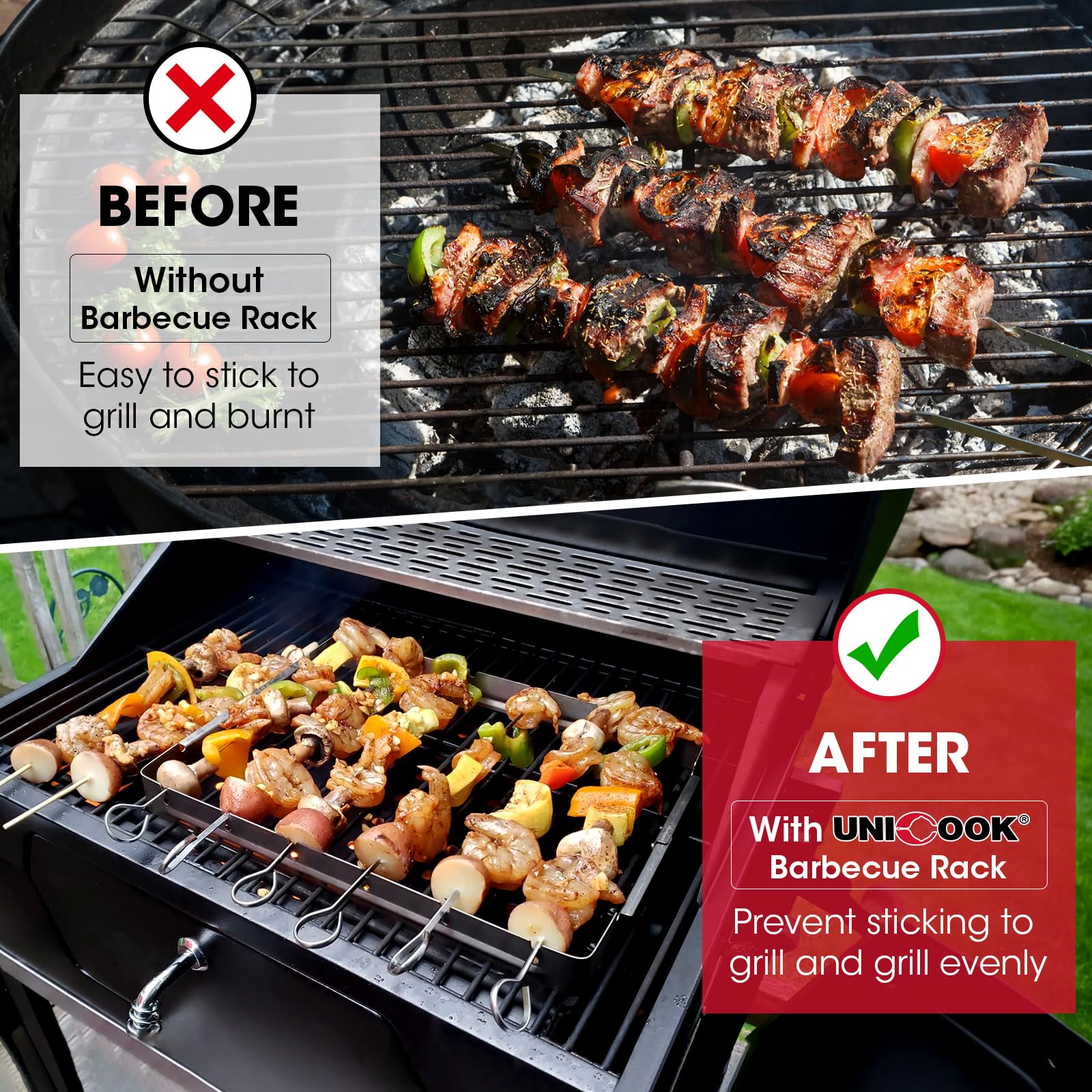 Unicook grill rack holds kebabs securely during grilling