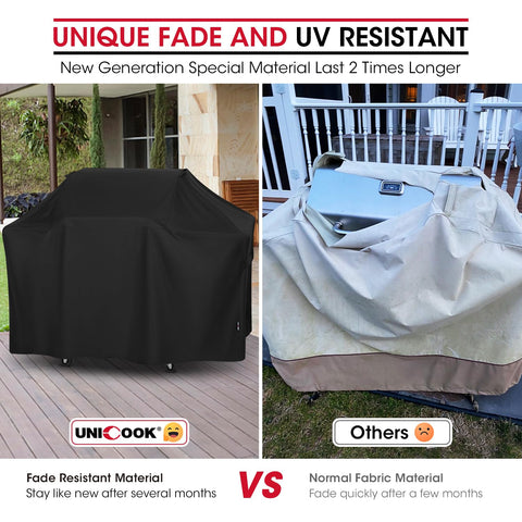 Unicook heavy-duty grill cover fabric close-up shows waterproof, fade-resistant material.