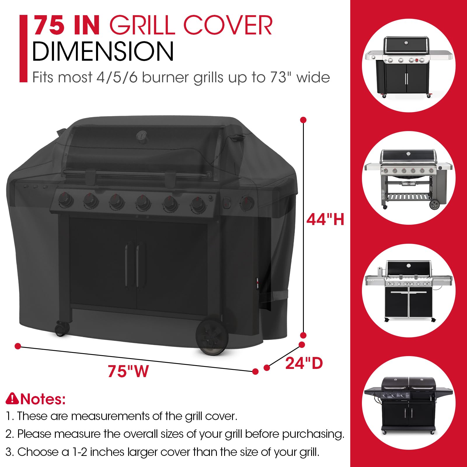 Unicook heavy duty waterproof grill cover, side view, fits Weber and Char-Broil grills securely