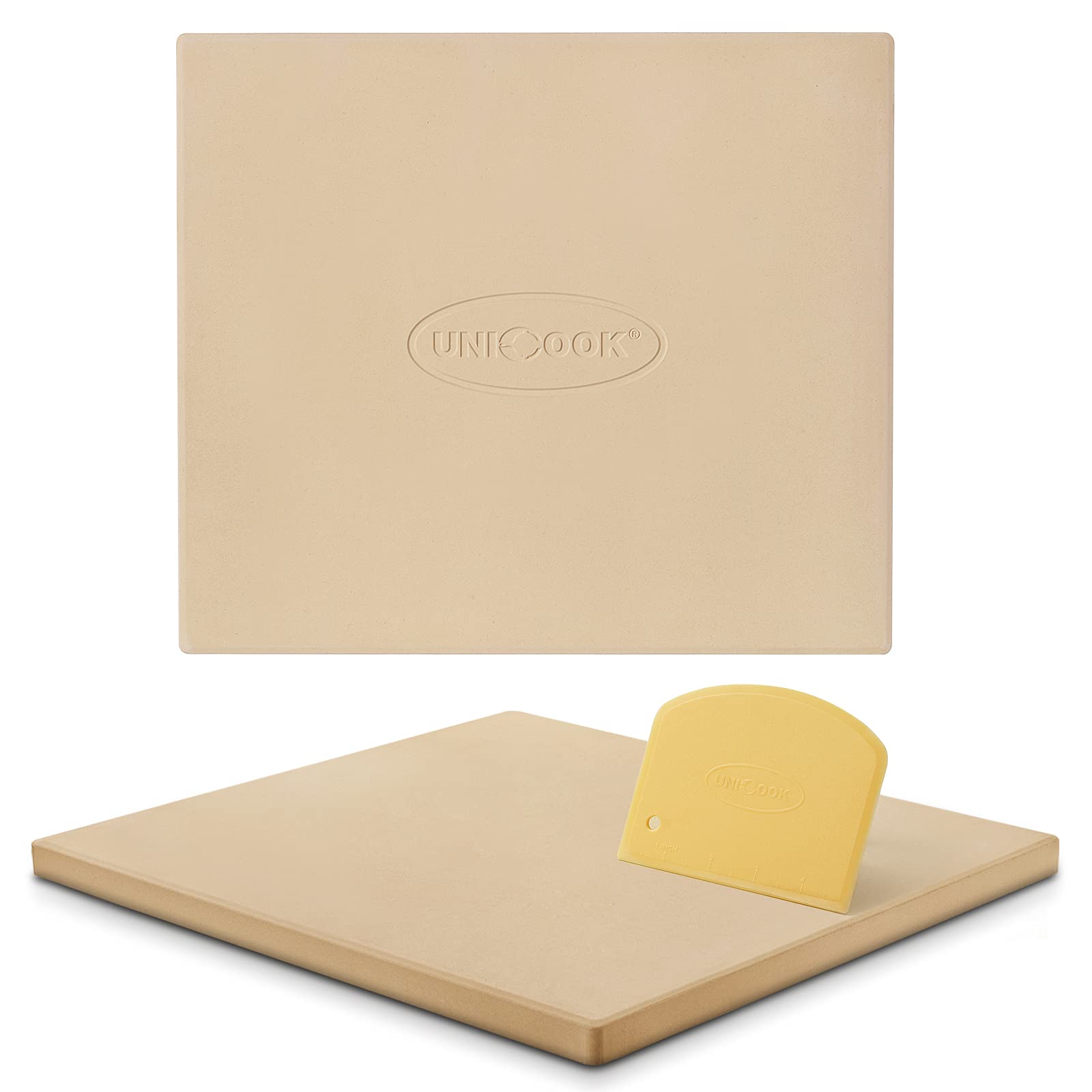 Unicook large pizza stone for oven and grill, ideal for family pizza nights.