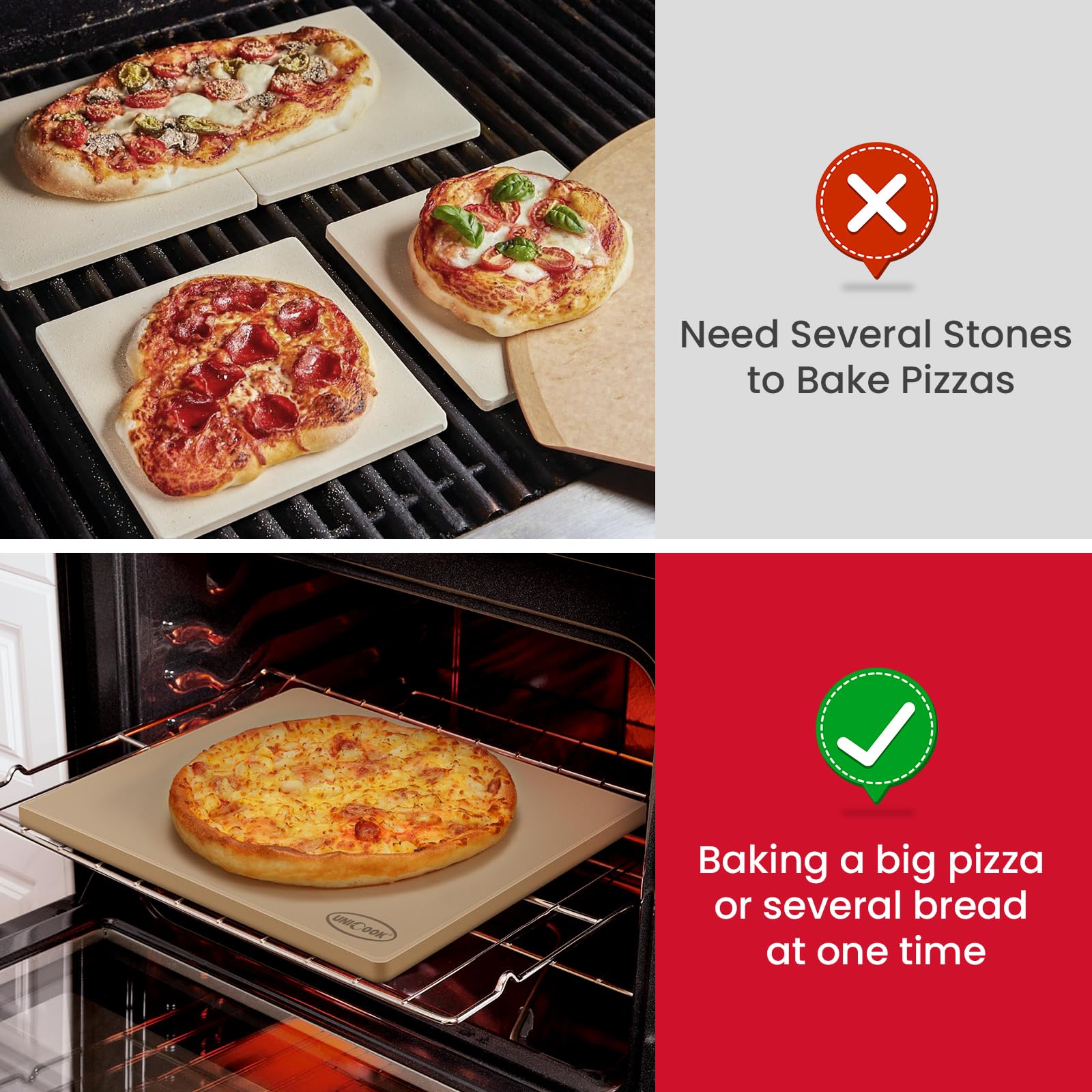 Unicook square baking stone in oven with dough, ideal for batch baking.