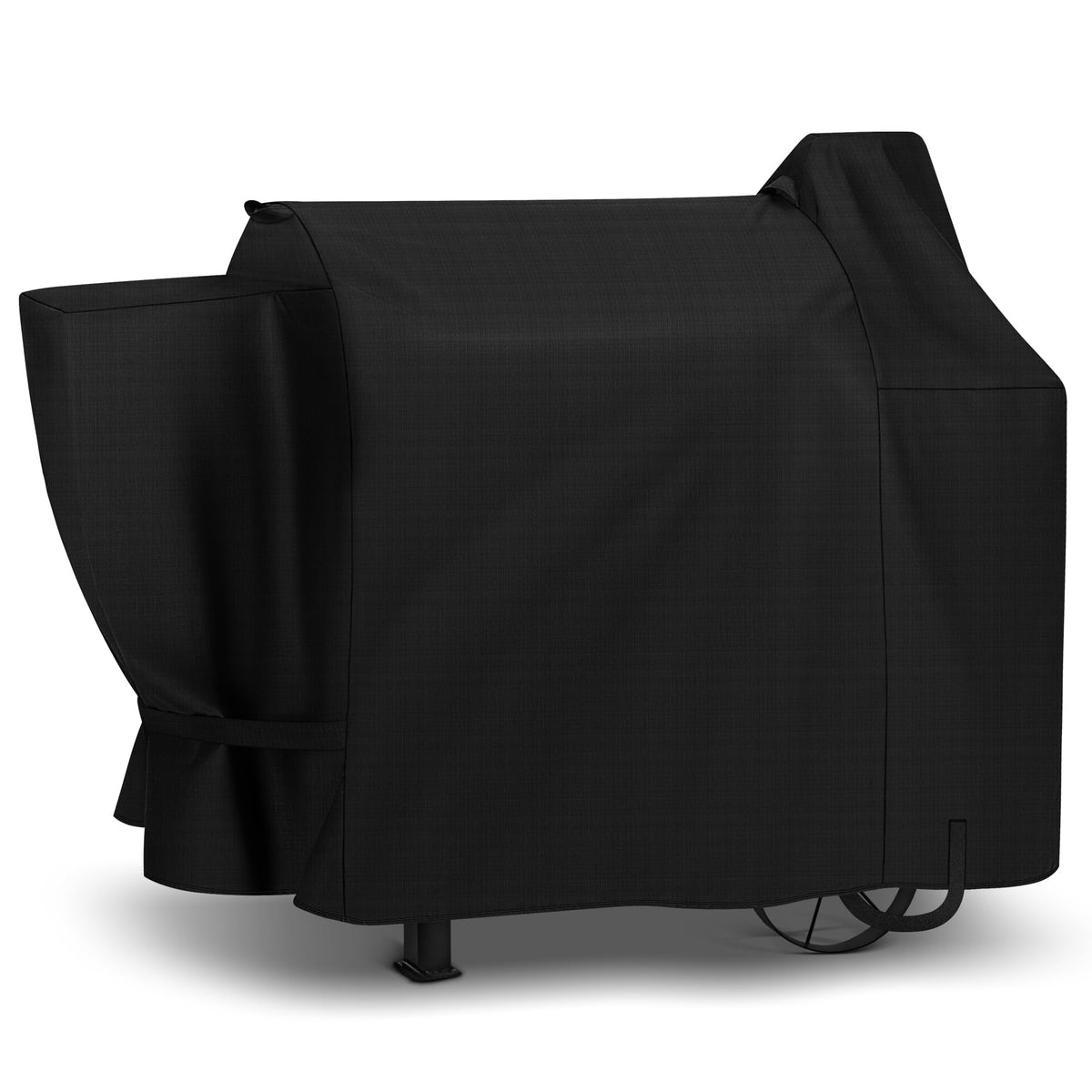Unicook pellet grill cover on front view protects Pit Boss 820 Deluxe from rain and sun.