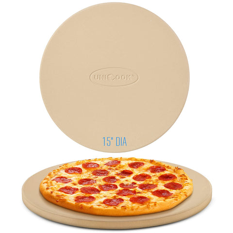 Unicook pizza stone 15-inch round for grill ovens delivering crisp crust pizzas.
