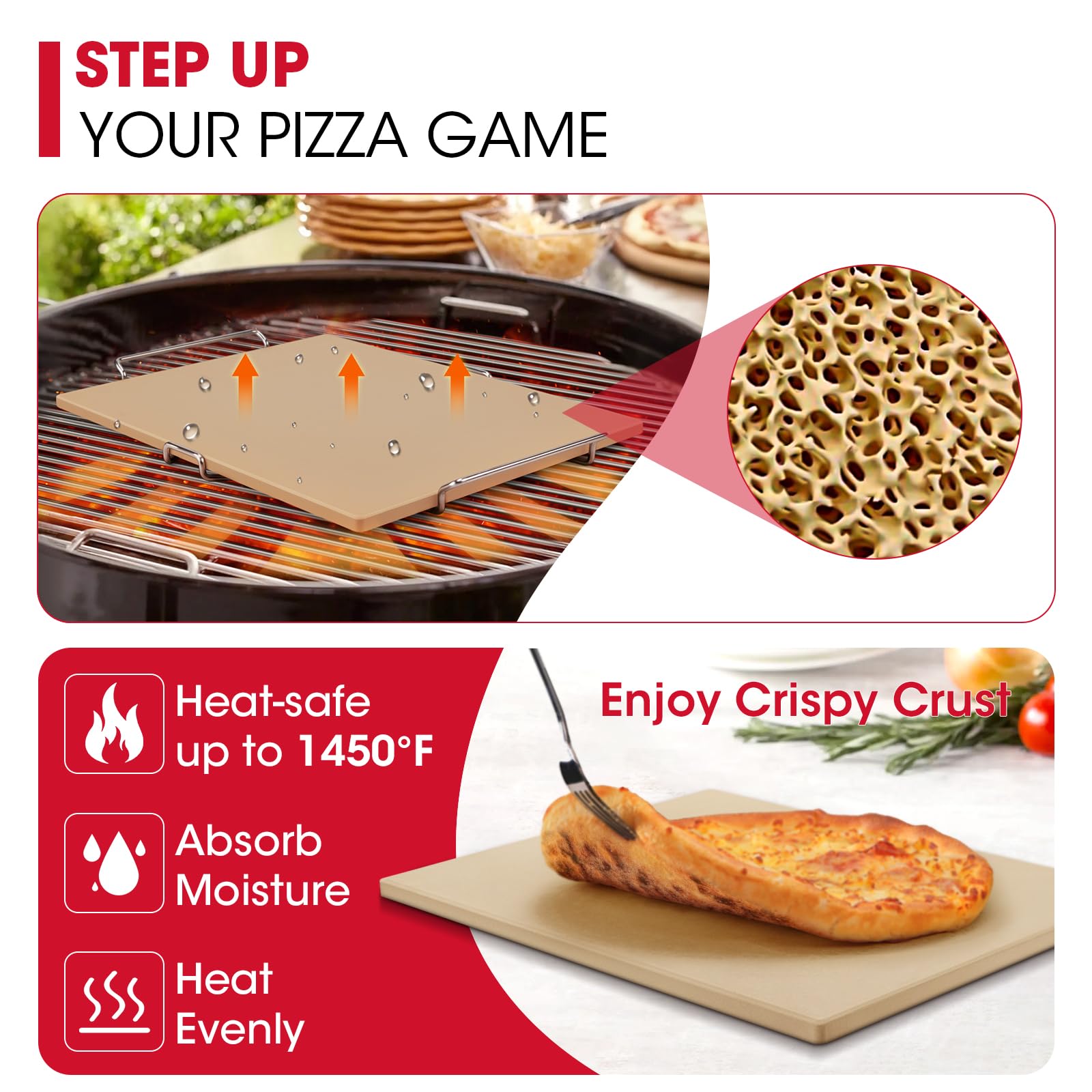 Unicook pizza stone with dough ready surface promoting crisp edges.