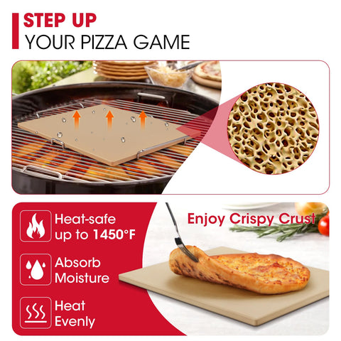 Unicook pizza stone with dough ready surface promoting crisp edges.