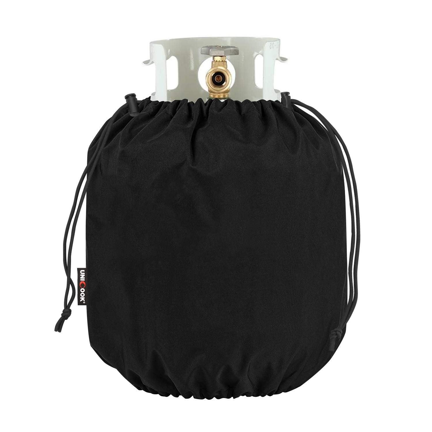 Unicook 20lb propane tank cover demonstrates dimension fit for standard cylinders, protecting from wind and rain.
