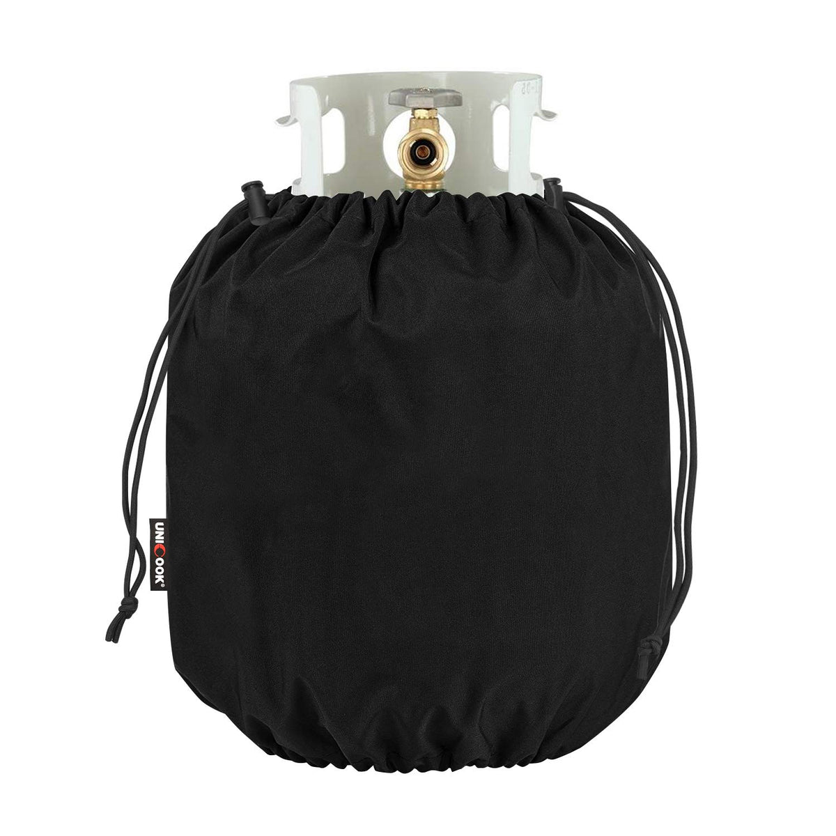 Unicook 20lb propane tank cover demonstrates dimension fit for standard cylinders, protecting from wind and rain.