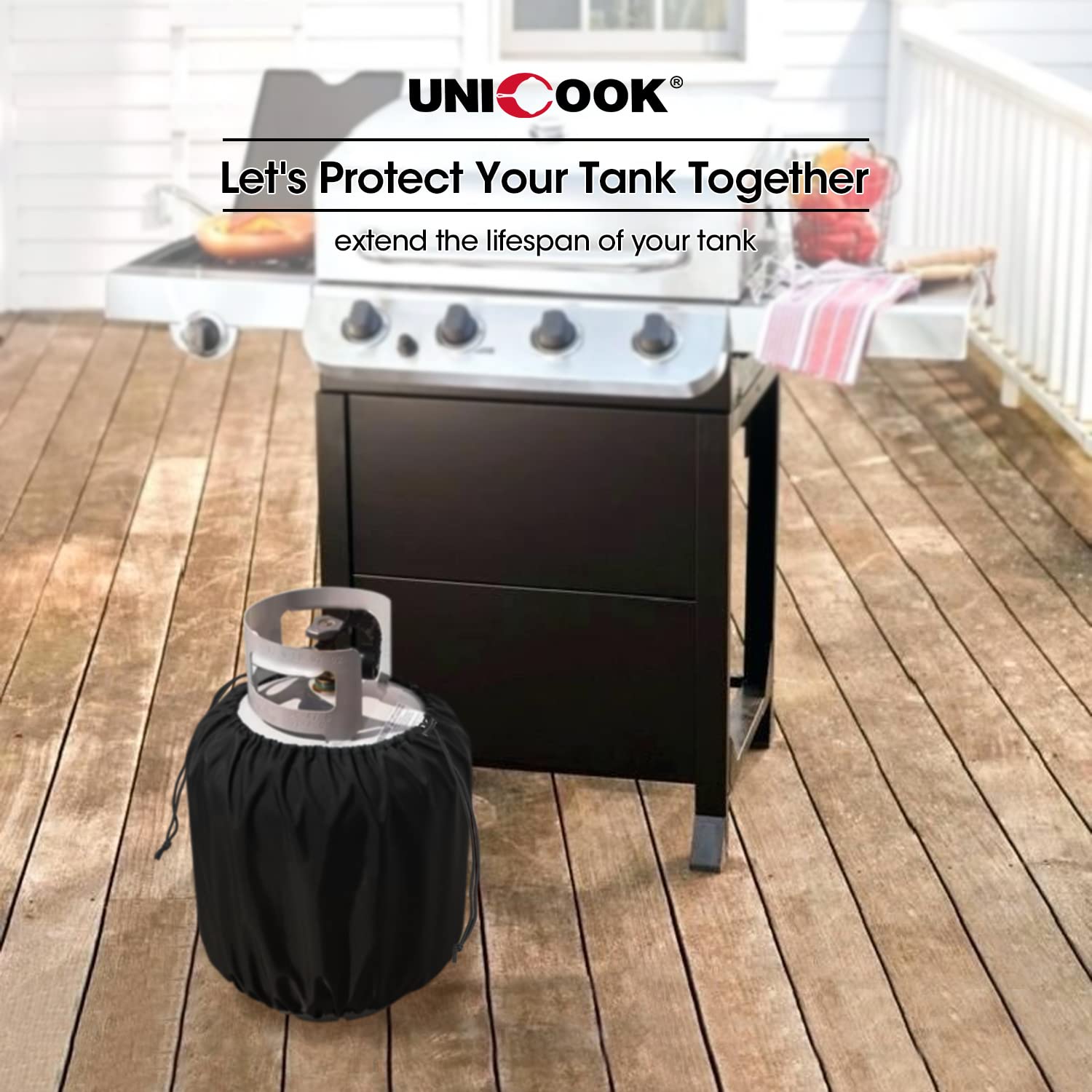 Unicook cover uses waterproof fade-resistant fabric to protect the tank from weather and wear.