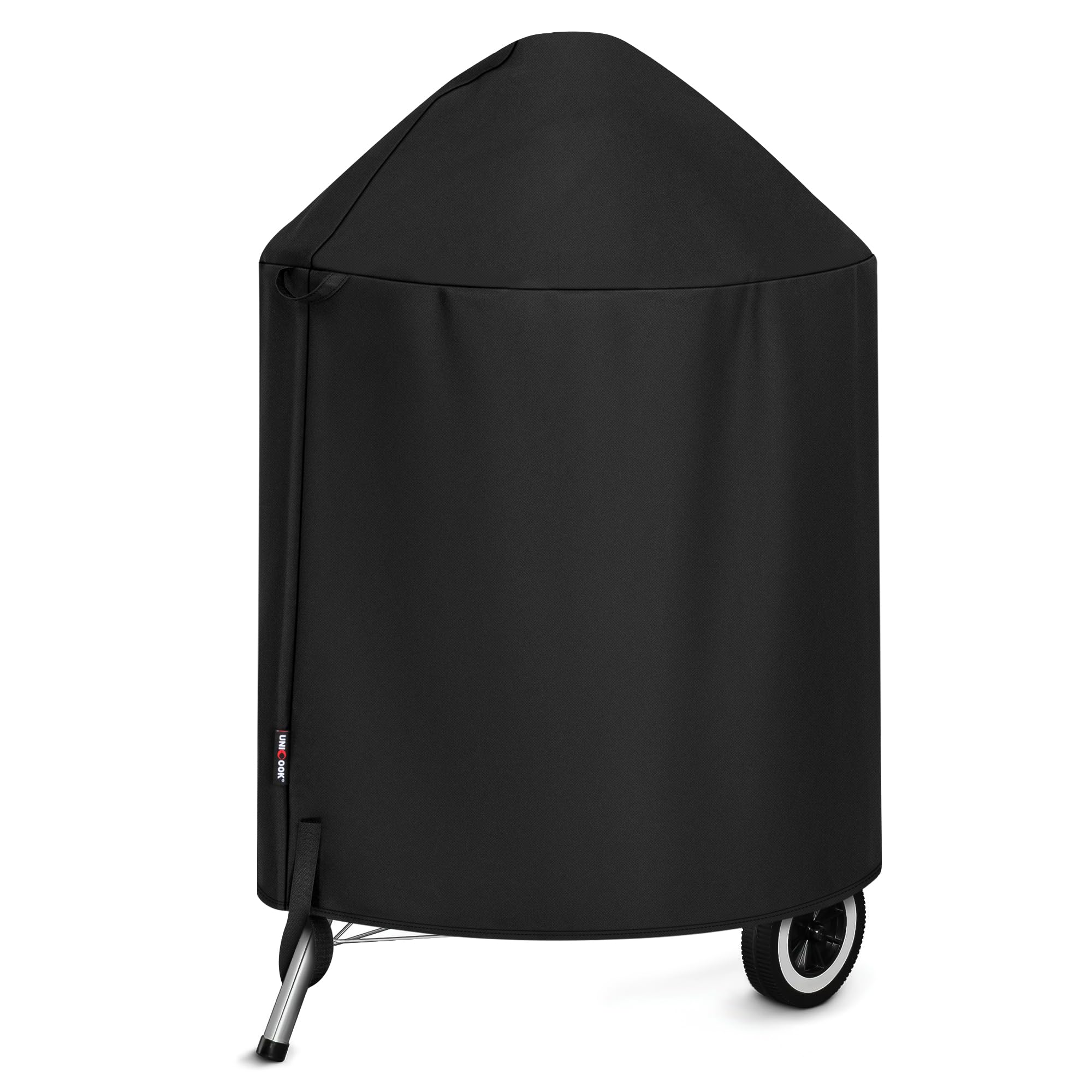 Unicook round kettle grill cover shows waterproof fade-resistant fabric protecting Weber 22-inch kettle.