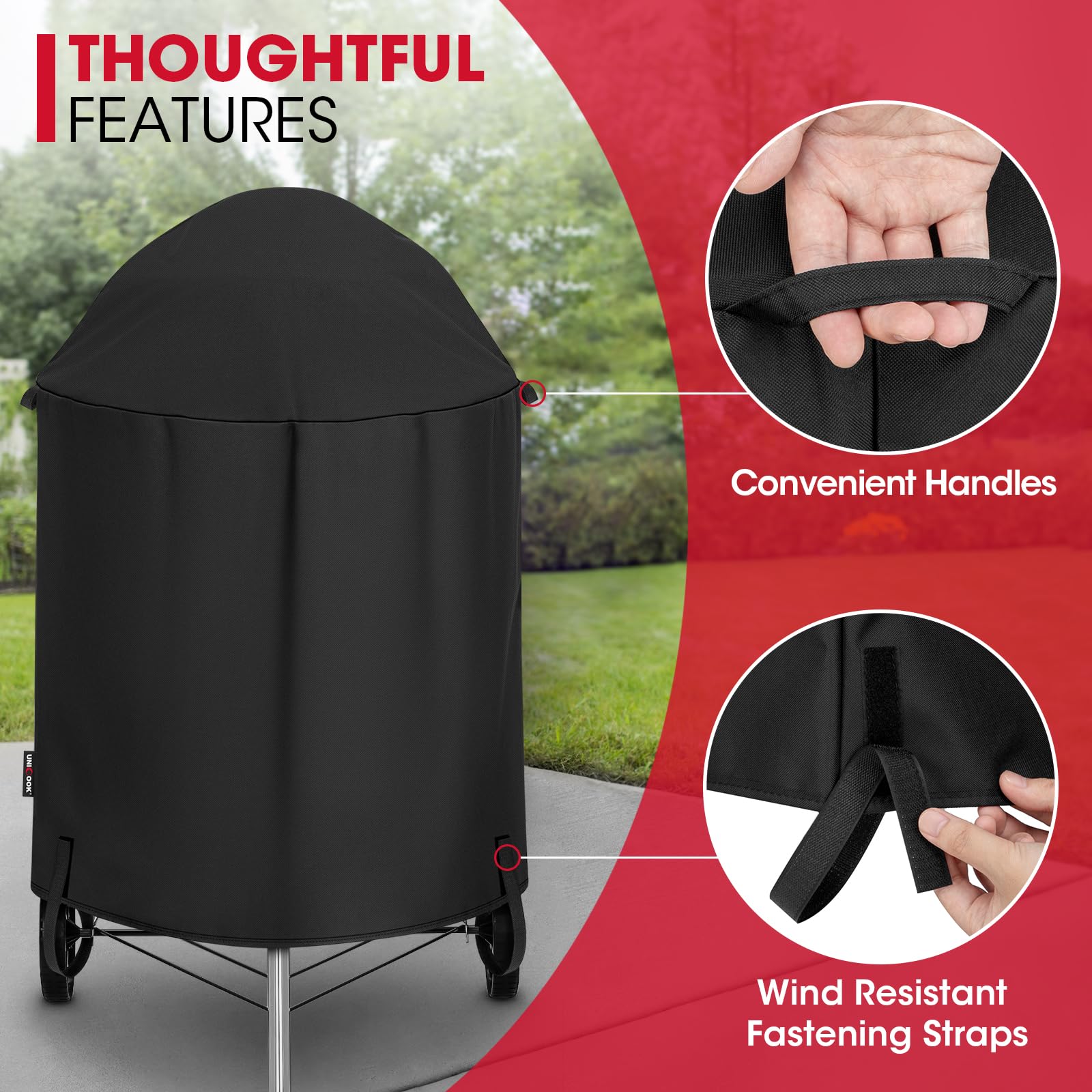 Unicook weather protection grill cover shielding a kettle from rain and sun.