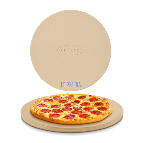 Unicook round pizza stone in use, showing even browning for a crisp crust.