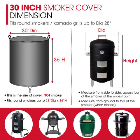 Unicook round smoker cover 30inch side view, shields against rain and sun.