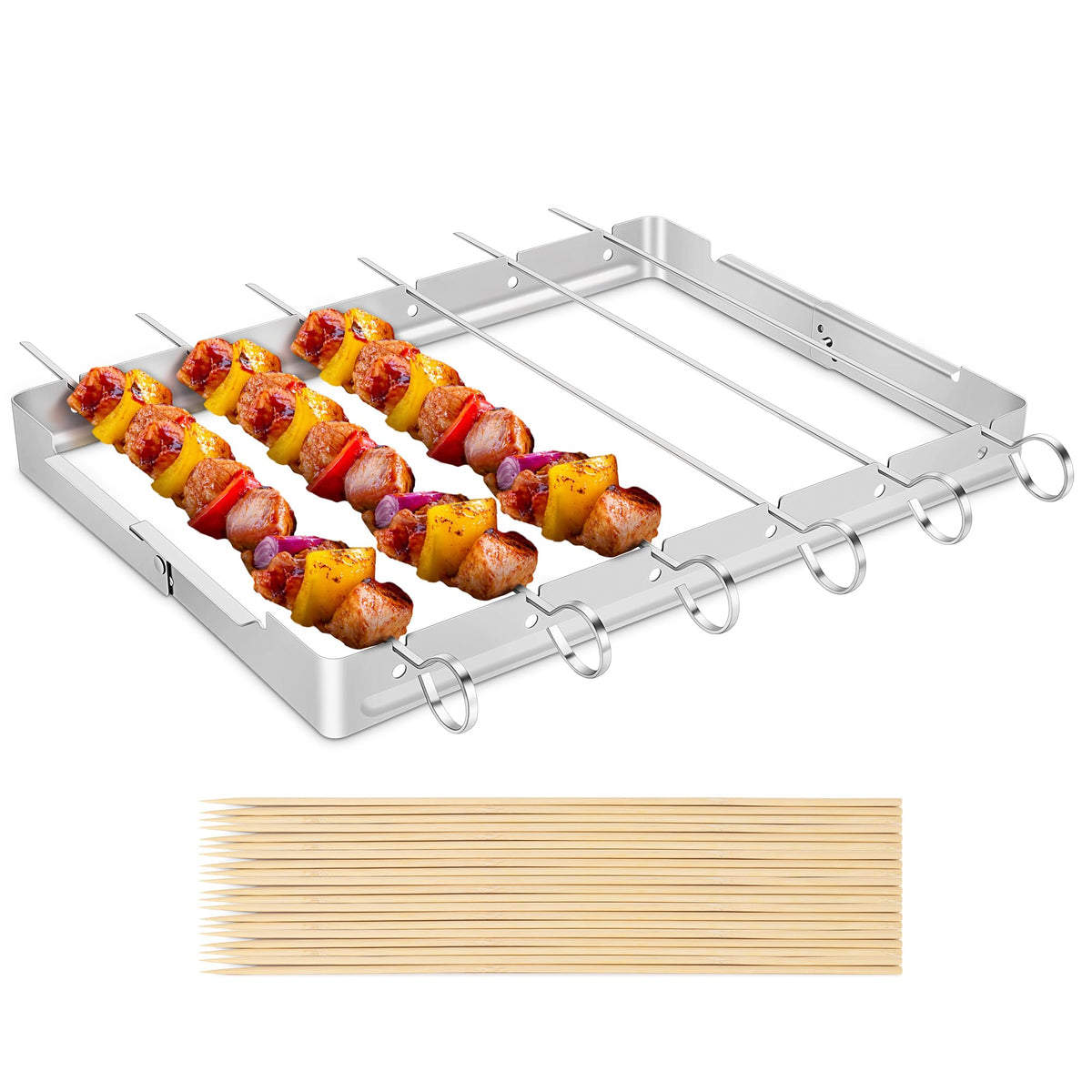 Unicook stainless steel BBQ shish kabob set with foldable holder for easy grilling