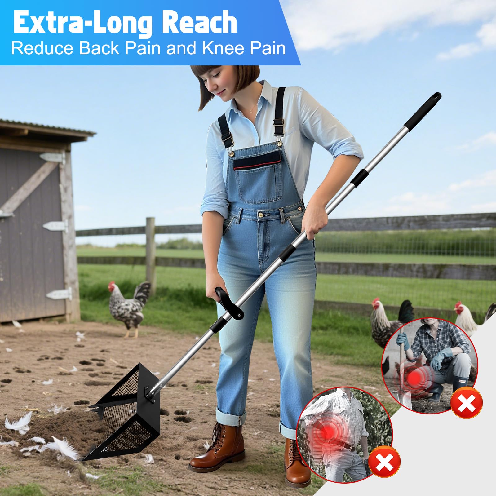 Unidevice ergonomic grip reduces bending during lengthy coop cleaning sessions