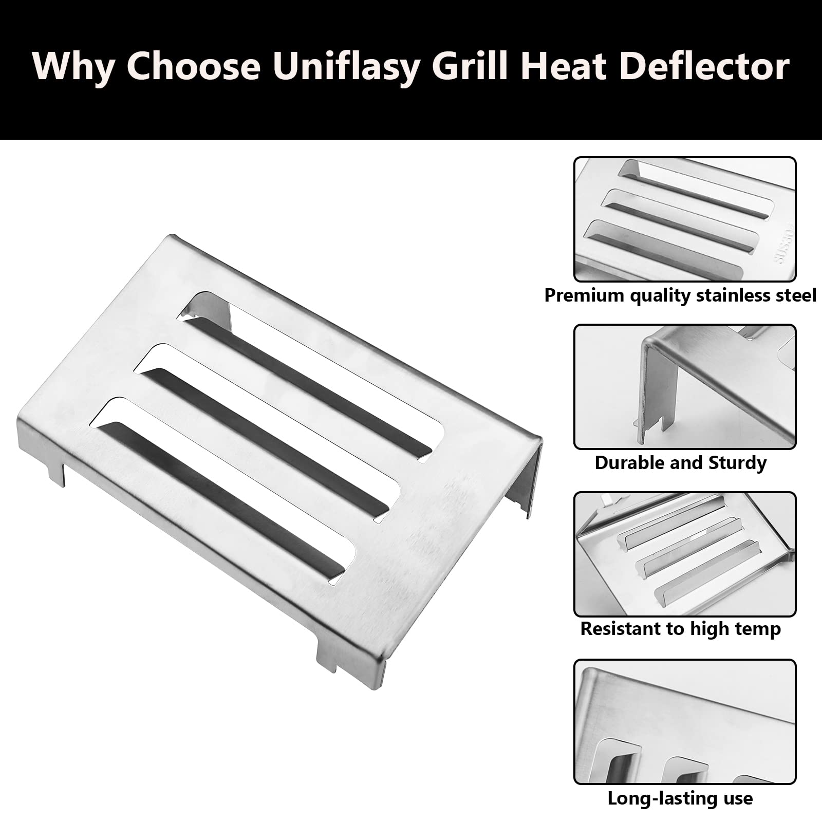 Uniflasy 67060 heat deflector closeup highlights stainless steel and finish