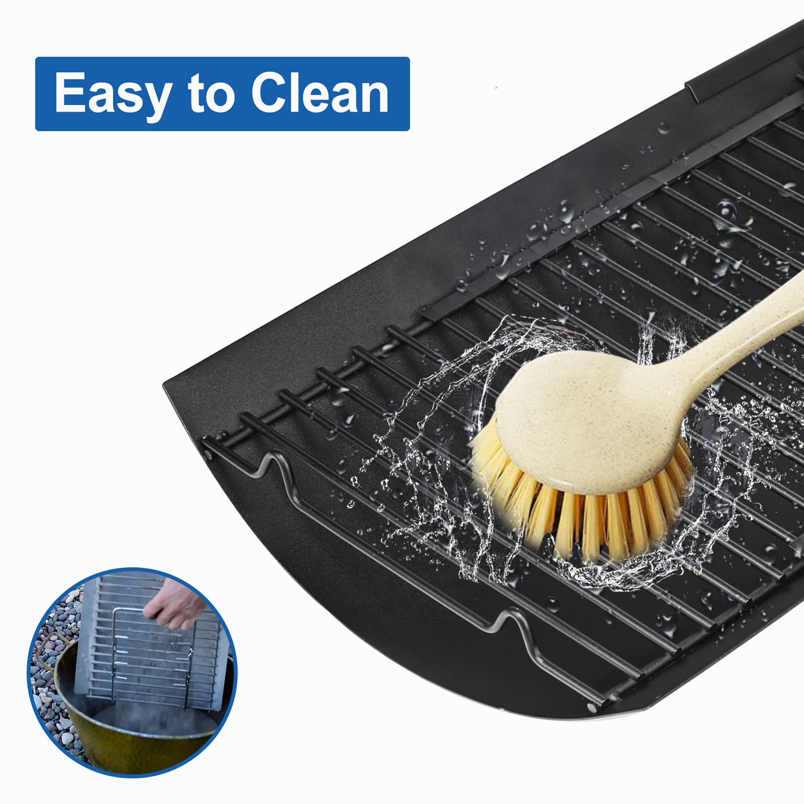 Uniflasy fire grate hanger pair enables quick ash pan access.