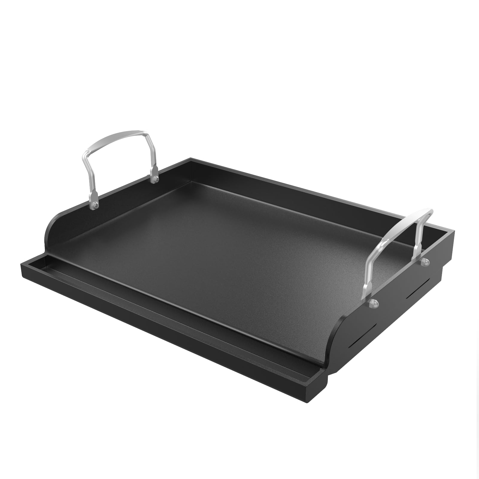 Uniflasy griddle front view showing compact 17x13 size for portable grilling