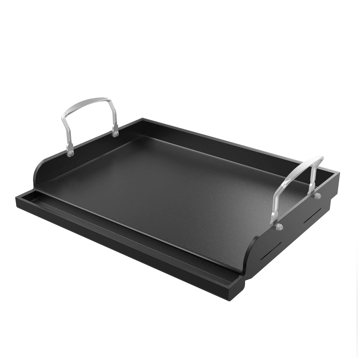 Uniflasy griddle front view showing compact 17x13 size for portable grilling