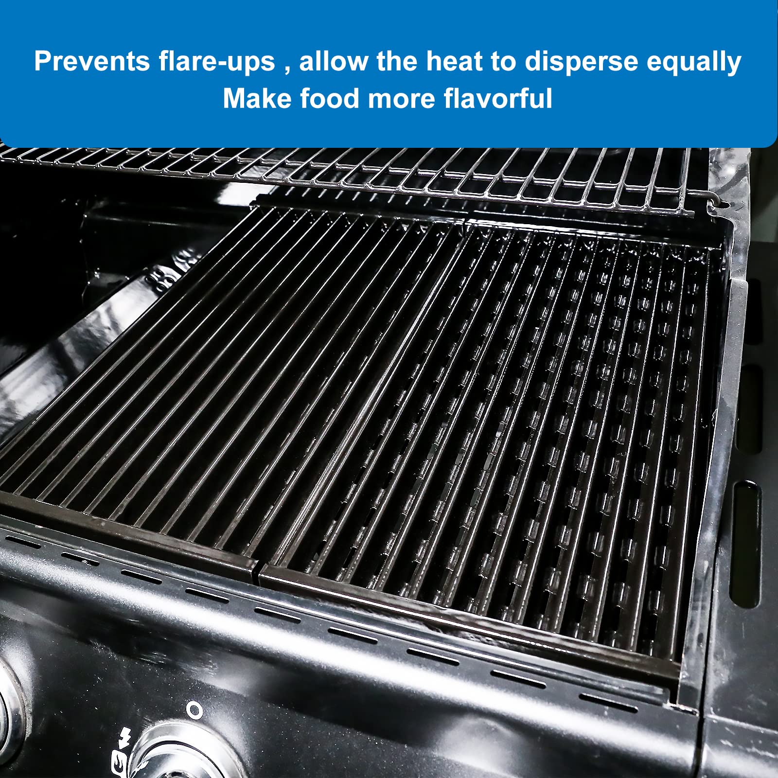 Uniflasy porcelain-enameled grates retain heat for consistent searing across foods