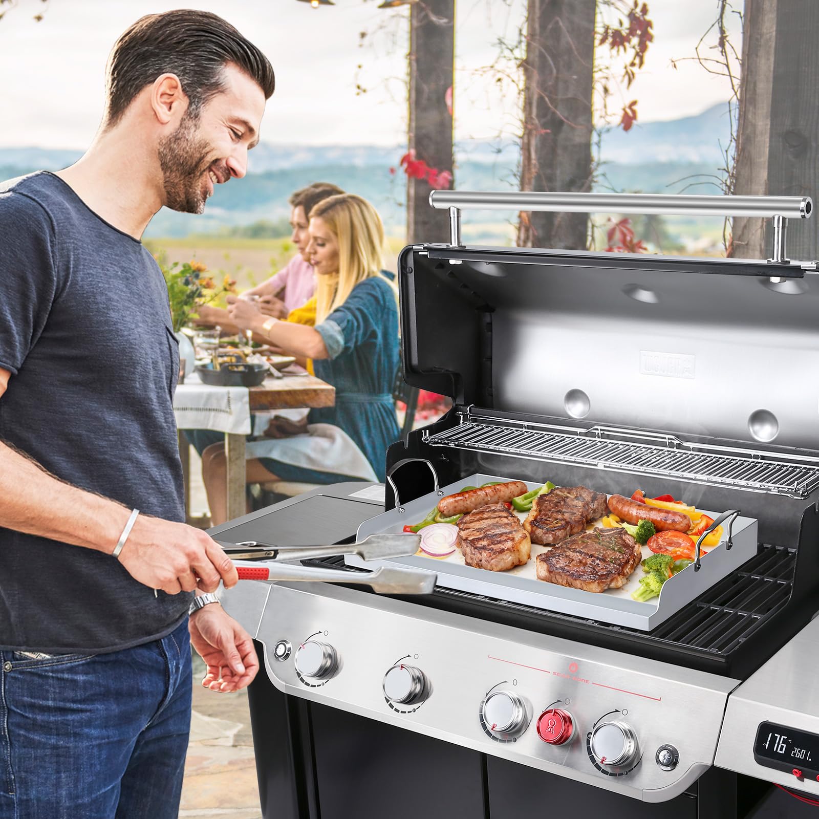 Uniflasy large cooking surface perfect for burgers, pancakes, and seafood outdoors.