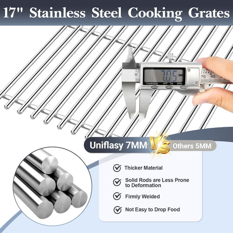 Uniflasy 17in stainless steel grill grates fit chart showing broad Nexgrill compatibility