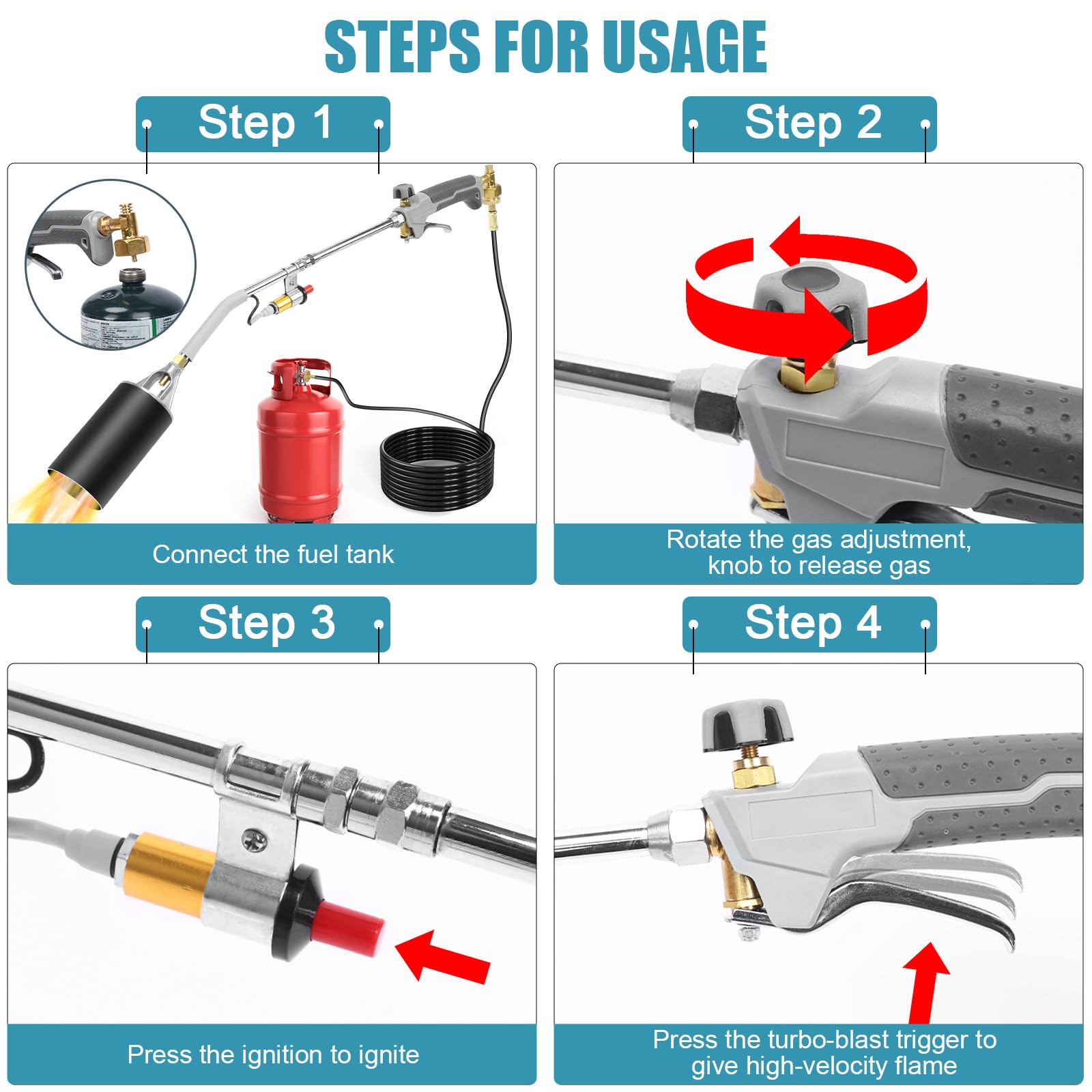 Uniflasy propane torch 10ft hose assembly enables flexible outdoor use.