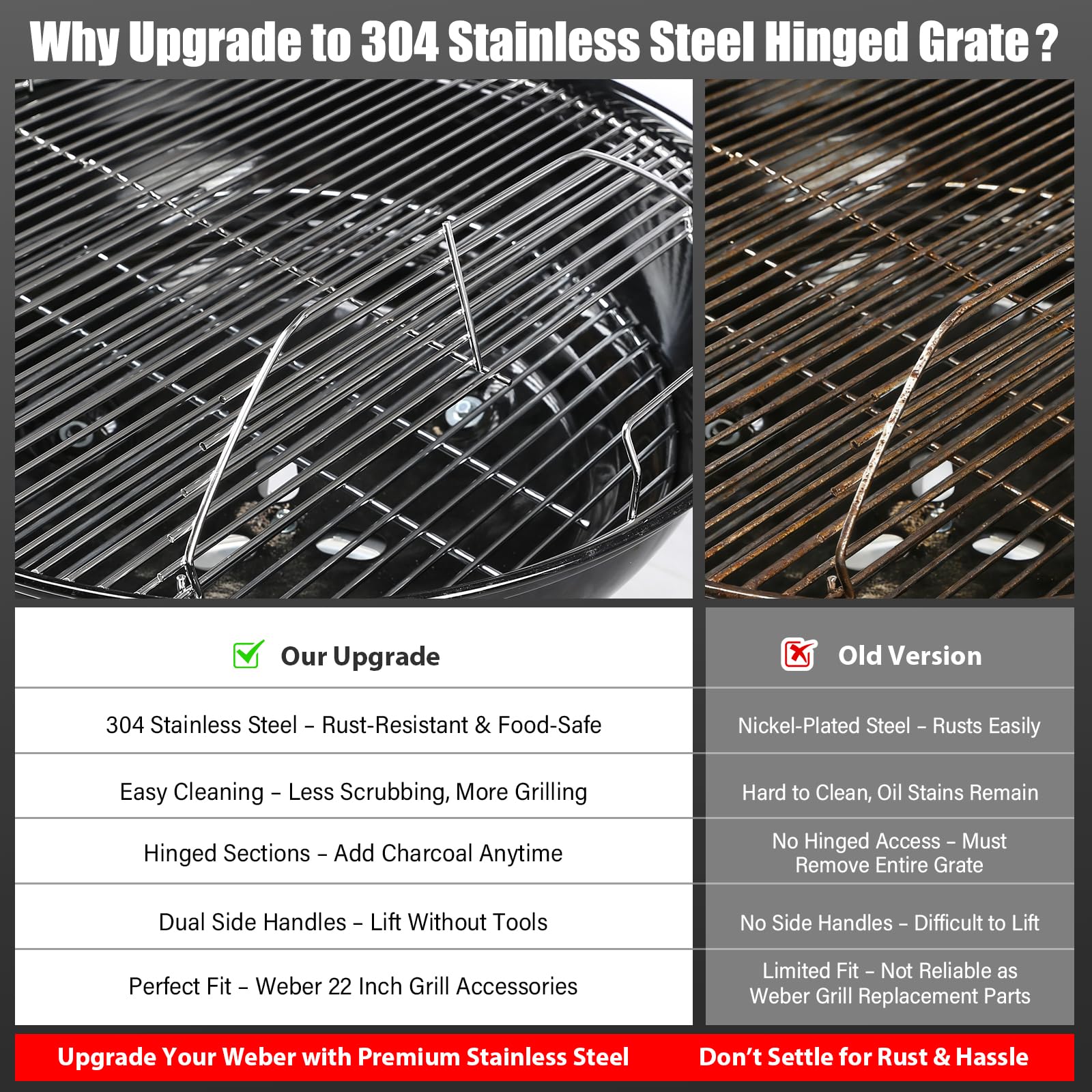 Uniflasy Weber 22in raised side-handles for safe lifting during barbecue.